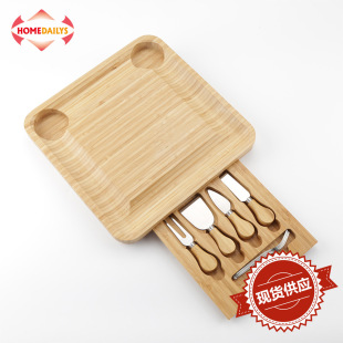 Wholesale bamboo cheese cutting board cooked food platter cheese serving tray with ceramic bowl cutter suit