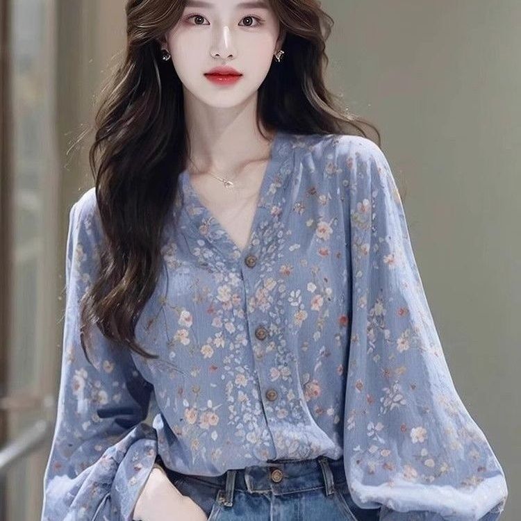 法式初秋绝美独特淑女气质森系蓝色碎花长袖衬衫上衣慵懒宽松外穿|undefined