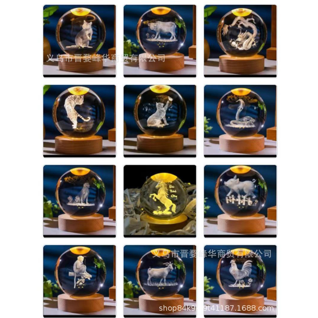 Luminoso ELK bola de cristal 3D tallada noche Luz de madera decoración de escritorio regalo para niñas regalo de cumpleaños al por mayor