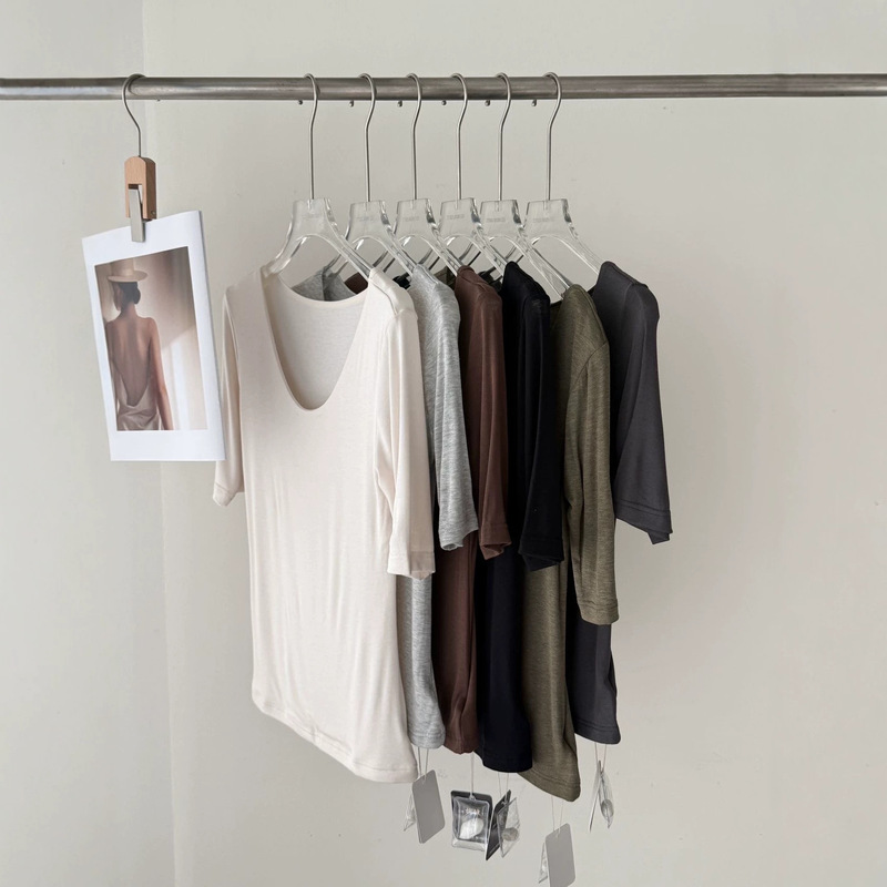 Spring and Summer Thin Silk-Acrylic Blend U-Neck Seamless Regular Shoulder Mid-Sleeve Slim-Fit Women's Base T-Shirt Top