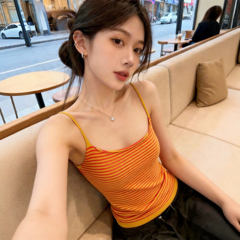 American-Style Spicy Girl Orange Striped Sleeveless Camisole for Women, Summer Sexy Backless Outerwear or Inner Tube Top American-Style Spicy Girl Orange Striped Sleeveless Camisole for Women, Summer Sexy Backless Outerwear or Inner Tube Top