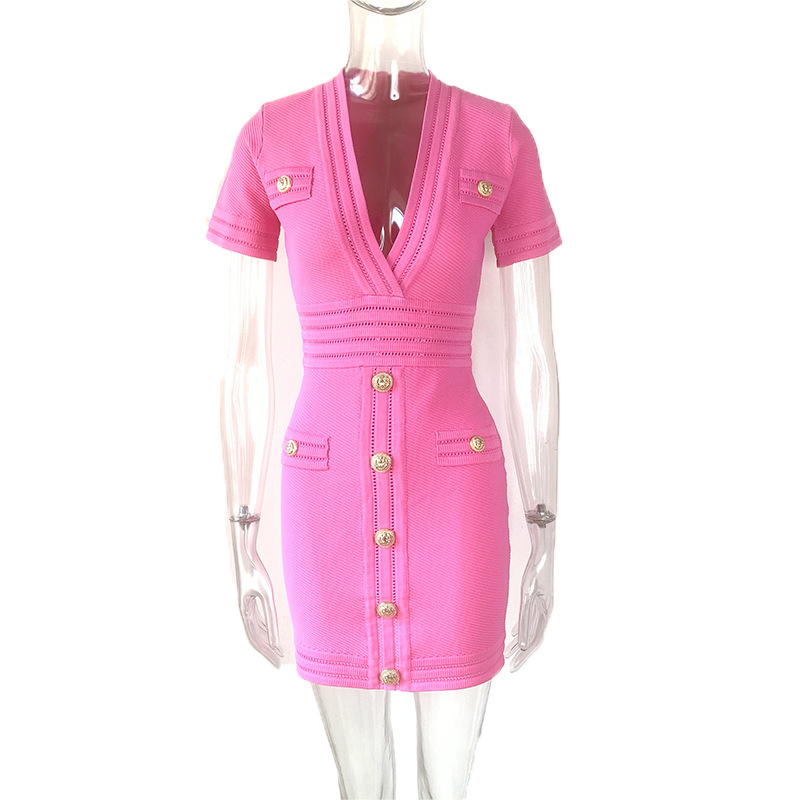 Summer Pink Street Style High-Waisted Short Dress with V-Neck and Studded Buttons, Bodycon Dress, Hot-Selling Cross-Border Item