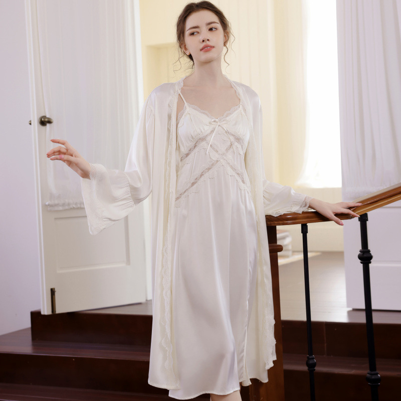 Ice and Snow Ribbon Breast Pad Skirt Robe Two-Piece Pajamas Feminine Lace Sling Pure Desire Color Long Sleeve Home Clothes Ice and Snow Ribbon Breast Pad Skirt Robe Two-Piece Pajamas Feminine Lace Sling Pure Desire Color Long Sleeve Home Clothes