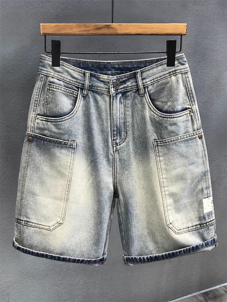 Men's Summer Thin Denim Shorts Casual Loose Fit mid Waist with Multi Pockets High-End Washed Design Trendy Five-Point Pants_mkmklike.com
