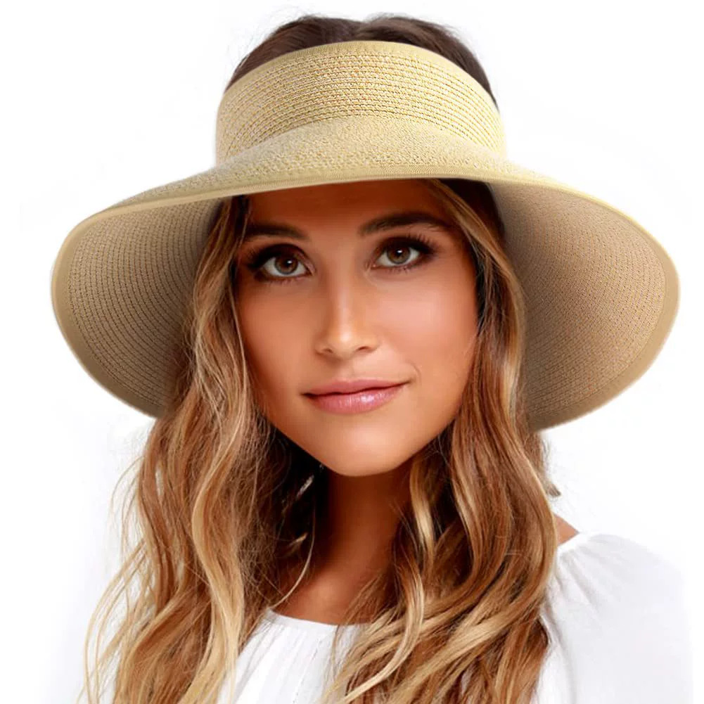 Wide Brim Straw Sun Hat For Women Braided Foldable Beach Visor_voghion.com