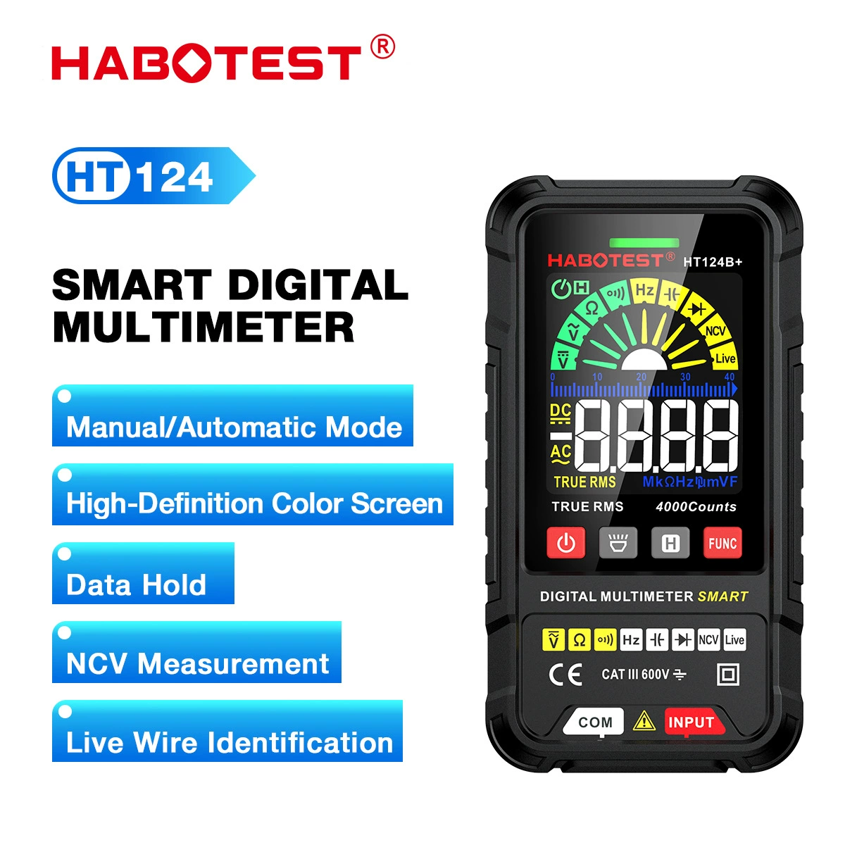 Huabo HT124B Цифровой интеллектуальный мультиметр 4000 счетчик автоматический измерительный тестер Amazon