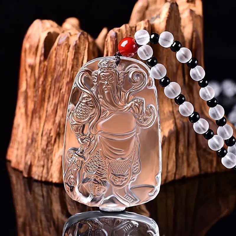 鳳呈祥批發天然白水晶關公關二爺吊墜項鏈男士武財神關羽水晶吊墜