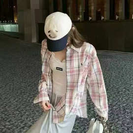 原版可扫码RL拉夫刺绣小马标撞色格纹翻领衬衫上衣女时尚百搭外套