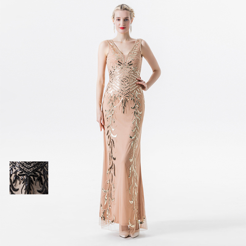 Factory Direct Supply European and American New Sexy Double V Neck Sequin Vest Elegant Style Long Fishtail Skirt Dress for Women