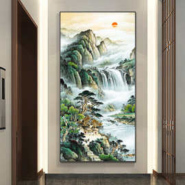 山水画聚财八方东墙旭日东升风水来财流水玄关图画生财装饰画靠山