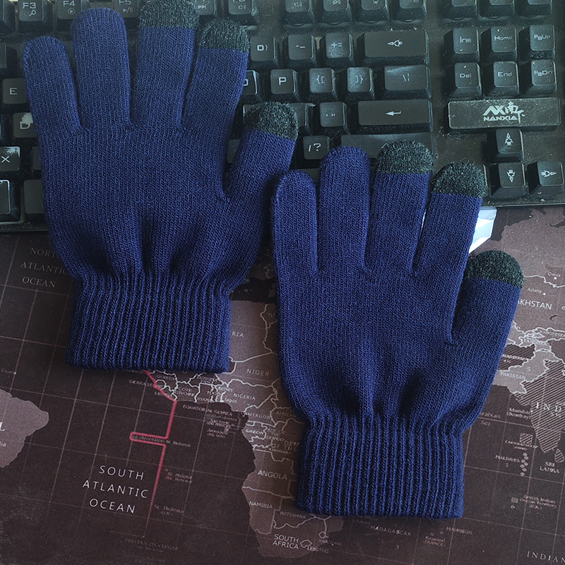 Guantes de punto de invierno transfronterizos hombres y mujeres estilo coreano cálido forrado de lana gruesa dedo completo pantalla táctil guantes de color mezclado
