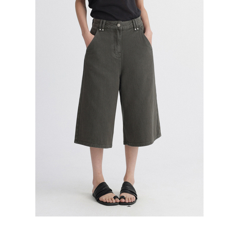 Retro Moss Green'Mountain Wind' Workwear Denim Non-Deformable Cotton Casual Straight-Leg Cropped Pants for Women Summer