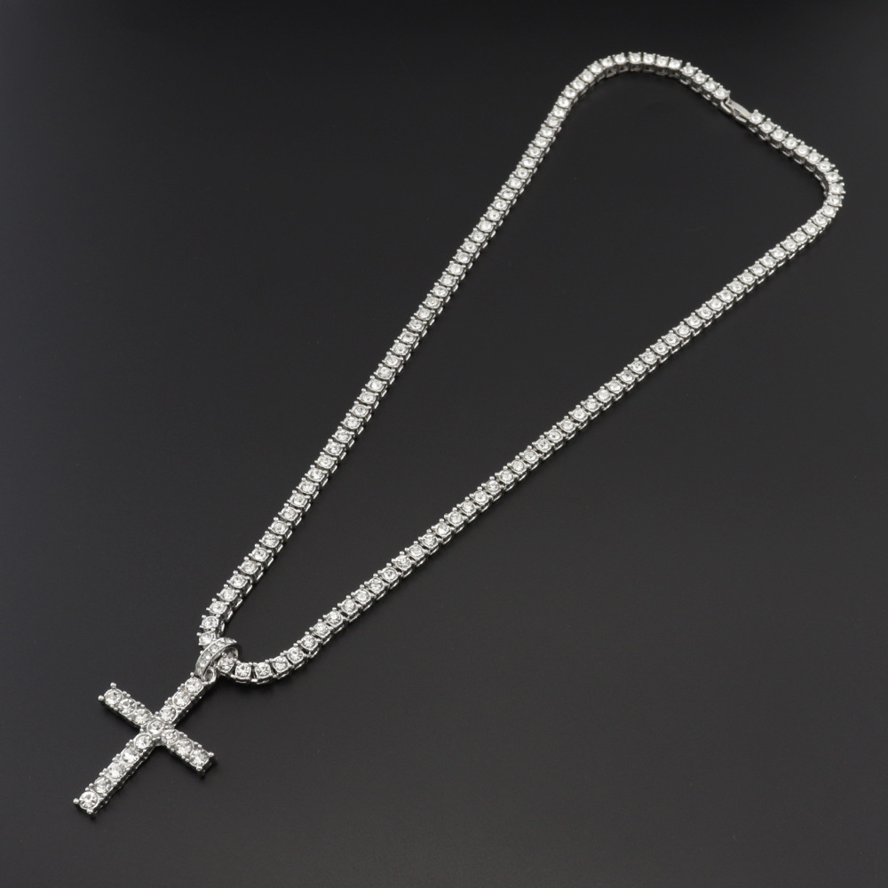 10g Weight Alloy Pendant Material Rhinestones Inlay Material Pendant Necklace Classification Alloy Chain Material Tennis Chain Chain Type Street Occasion Alloy Material Cross Pattern Unisex Gender Retro, Punk Style Ornament Simple  Style Full Diamond Single Row Diamond Tennis Chain Men's And Women's Big Cross Pendant Necklace 7