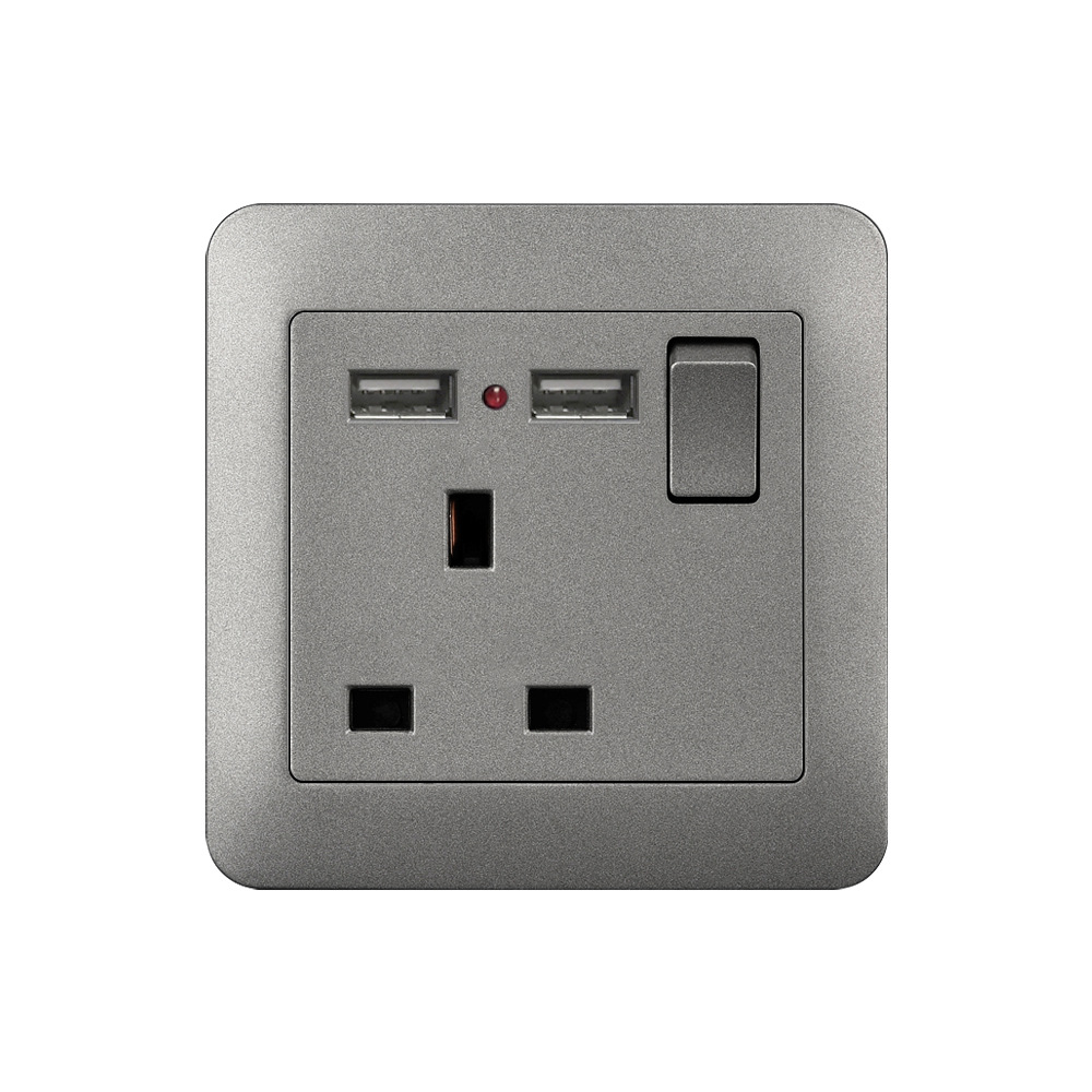 烤漆面板86型外贸家用墙壁暗装 二位USB带13A英式英标方角插座带
