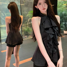 荷叶边无袖衬衫上衣女夏法式气质中长款收腰修身衬衣