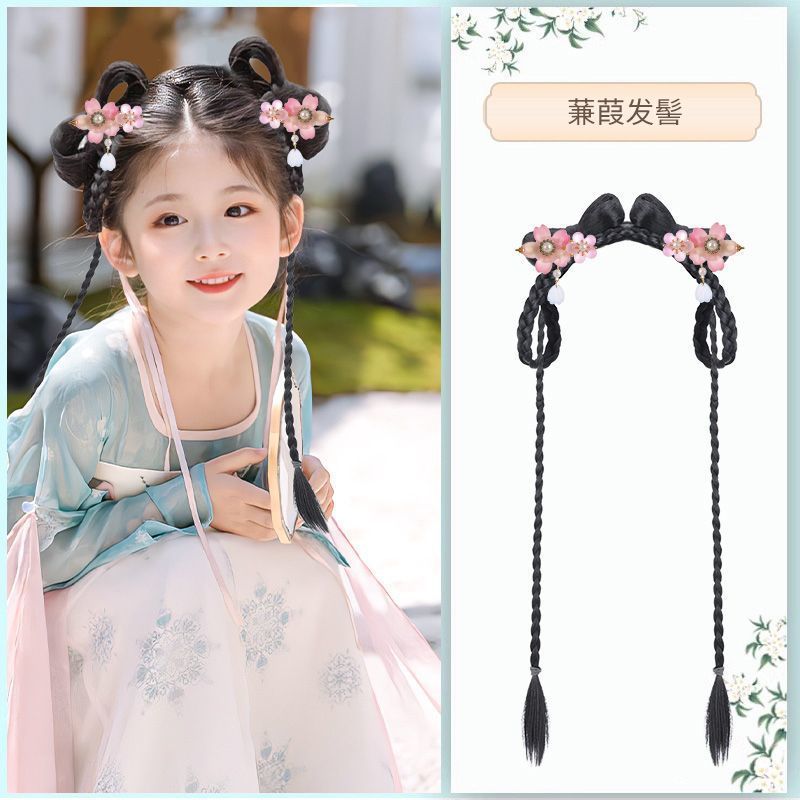 子供用漢服ウィッグ、女の子用冬衣装、オールインワンヘアフープ、衣装ロングストレートヘアピース、古代風ヘアアクセサリー、おだんごヘア|undefined