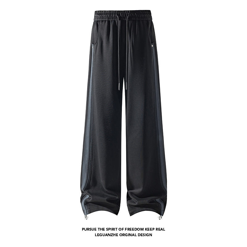 Black Curved Hem Air-layer Drawstring Sweatp For Men, Spring Cleanfit High Street Patchwork Striped Retro Wide-leg_voghion.com