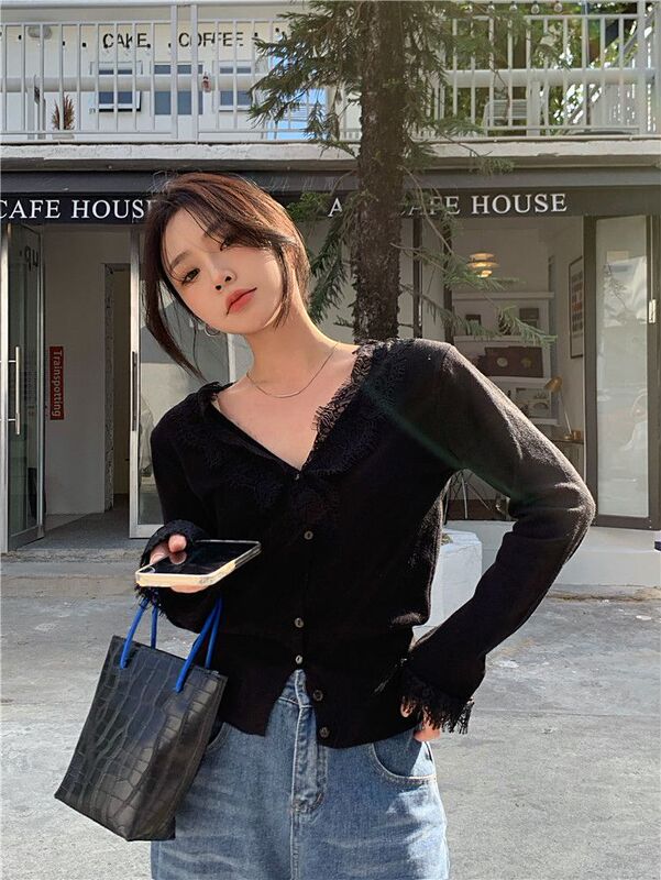 早秋甜辣蕾丝拼接针织开衫女法式大衣内搭高级感毛绒打底衫上衣冬|undefined