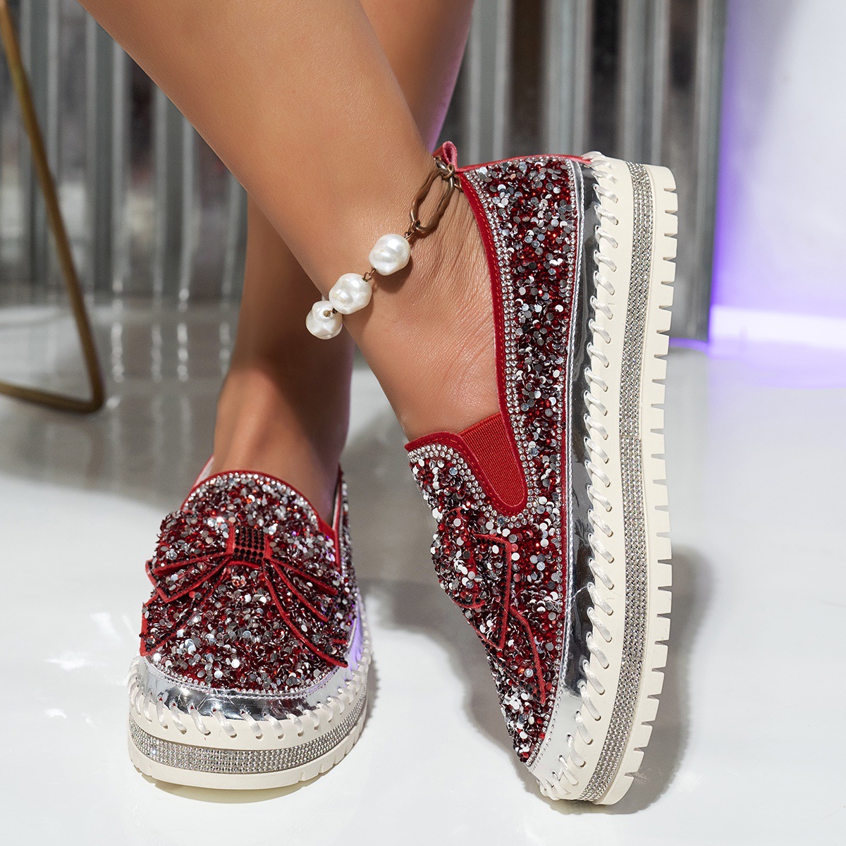 summer fashionable trend low casual shiny shoes flat with bow