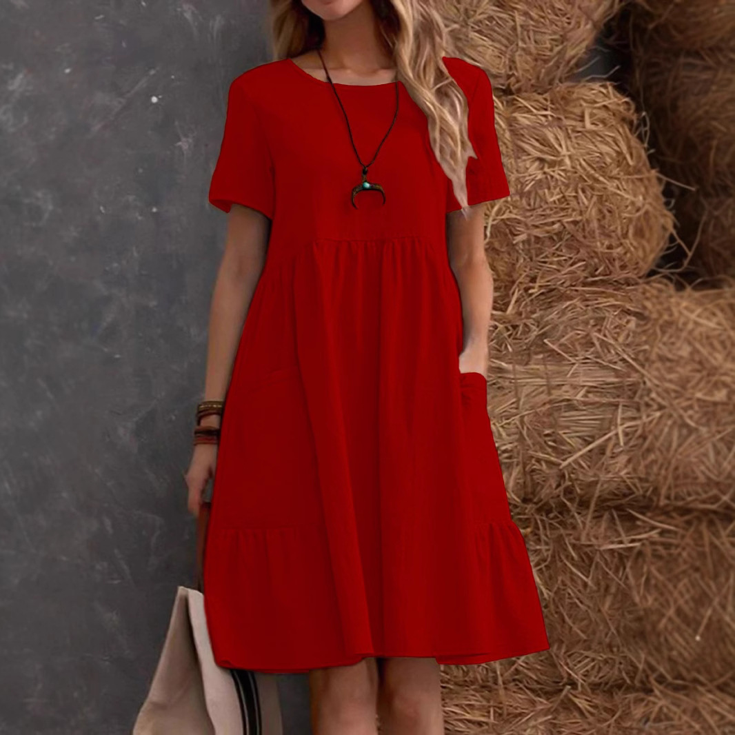 Women's Casual Short Sleeve A-Line Dress With Pockets, Solid Color Round Neck T-Shirt Dress For Everyday Wear_ecoleips.com