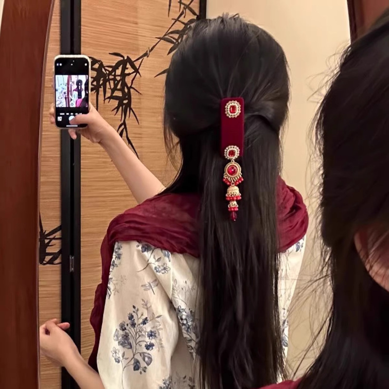 古典韵味新中式蓝色流苏发夹女绝美边夹刘海发卡发饰|undefined