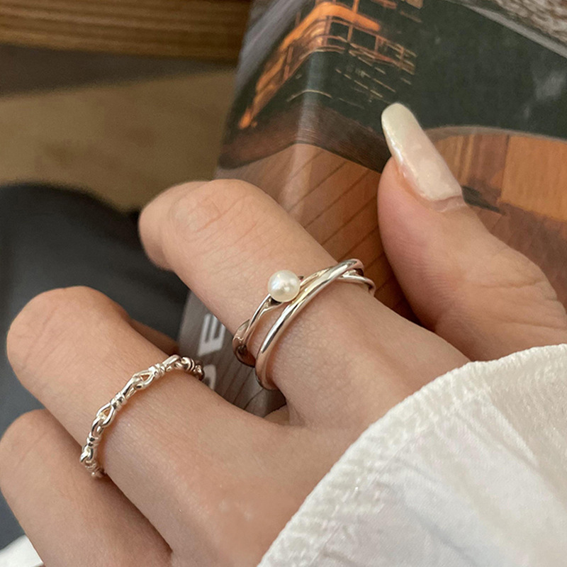 Elegant French Vintage Pearl Cross Ring Adjustable Silver Tone_voghion.com