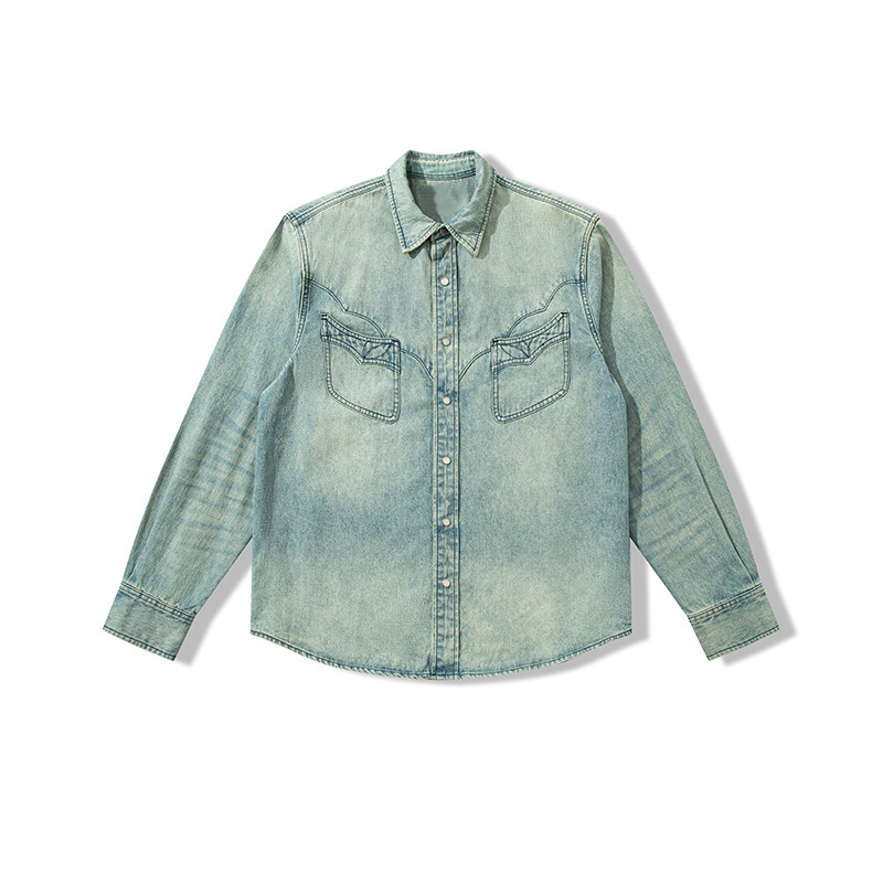 Custom-Made Vintage Washed Denim Shirt, Retro American Western Style, Heavy-Duty Amekaji Top