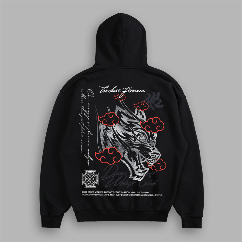 Darc Sport Naruto Red Cloud Wolf Head Hooded Sweatshirt American High Street Heavyweight Loose Hoodie