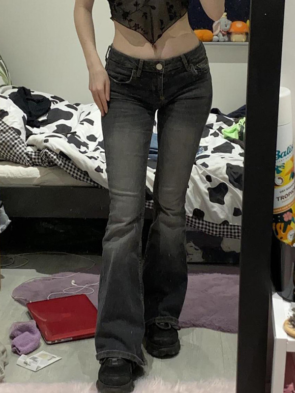 美式街头风低腰显瘦工装口袋牛仔微喇裤辣妹提臀显腿长休闲长裤|undefined