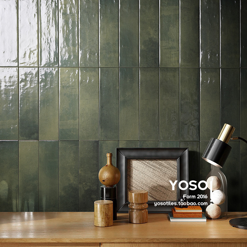 Olive Green Retro Gradient Handmade Brick Strips for Kitchen, Bathroom, Bar Counter, and Bathroom Background Wall Tiles in an Antique Style Olive Green Retro Gradient Handmade Brick Strips for Kitchen, Bathroom, Bar Counter, and Bathroom Background Wall Tiles in an Antique Style