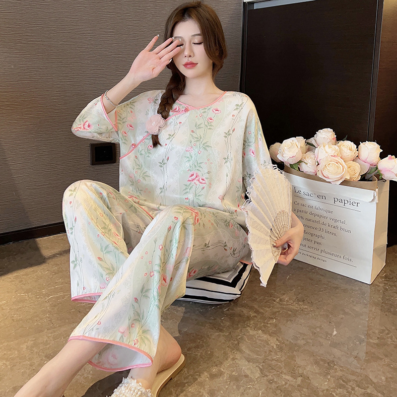 (2개) 봄과 가을 고급 잠옷 여성용 카디건 더블 길이 투피스 세트 달콤한 인쇄 가능한 의상 캐주얼 홈 의류