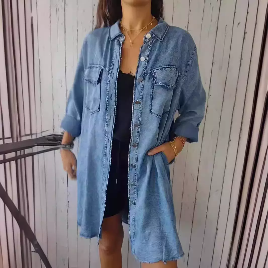 跨境欧美女装仿牛仔布御姐风小个子正肩宽松休闲长衬衫外套亚马逊