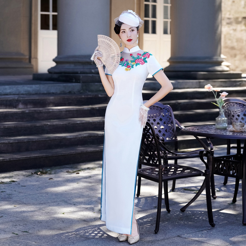 Summer New Fashion Off-Shoulder Modified Long-Style Qipao Dress Retro Performance Slim-Fit Floor-Length Performance Outfit