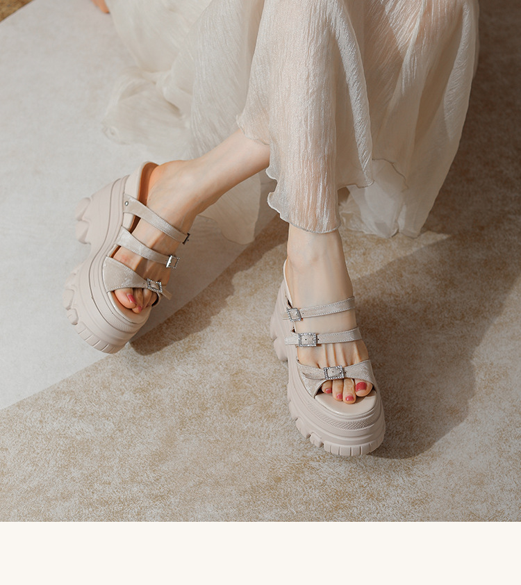 Sandal cao gót nữ đế xuồng 12cm da bò nguyên chất quai ngang — Màu đen, Màu trắng be, Màu hạnh nhân đậm chi tiết 18