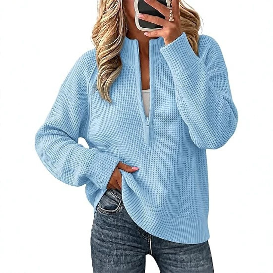 2026 Autumn/Winter Women's Half-Zip Pullover Knitted Thumb Hole Long Sleeve Loose Ribbed Sweatshirt for Women Autumn Season 2026 Autumn/Winter Women's Half-Zip Pullover Knitted Thumb Hole Long Sleeve Loose Ribbed Sweatshirt for Women Autumn Season
