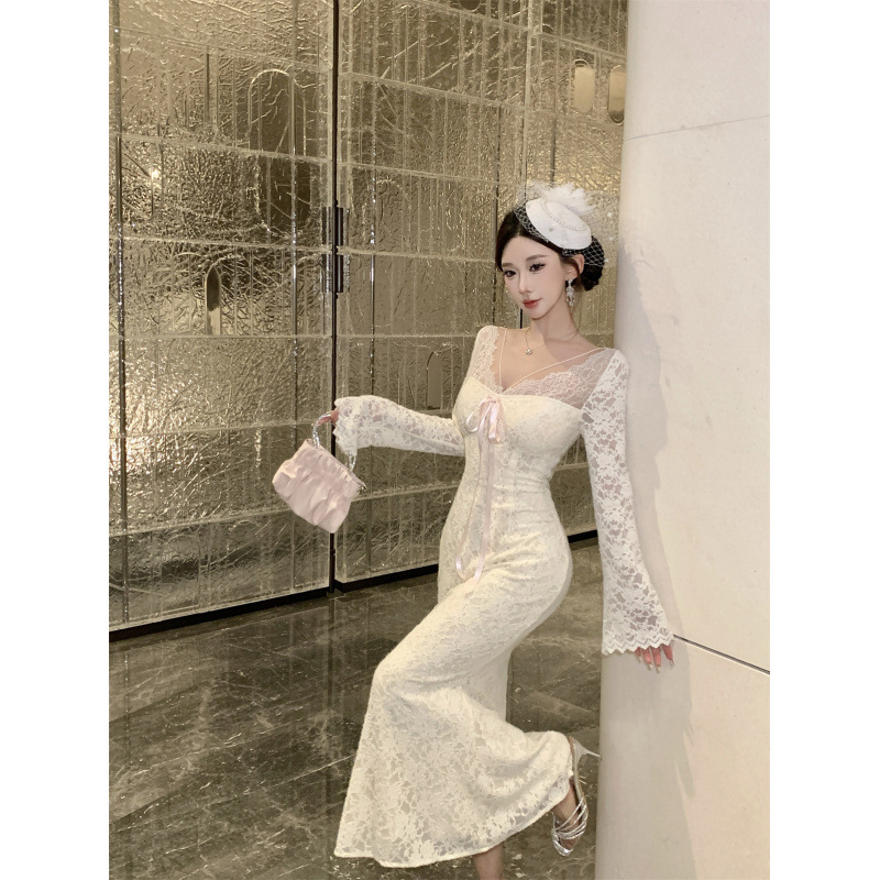 2025 New Autum Product Ladylike Elegant V Neck Lace Bow Trumpet Sleeve Long Fishtail Dress Dress for Women