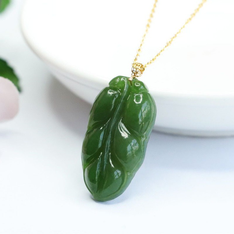 Mặt dây chuyền ngọc bích Tân Cương 18K vàng lá cây phong thủy — 21-12-4mm chi tiết 4