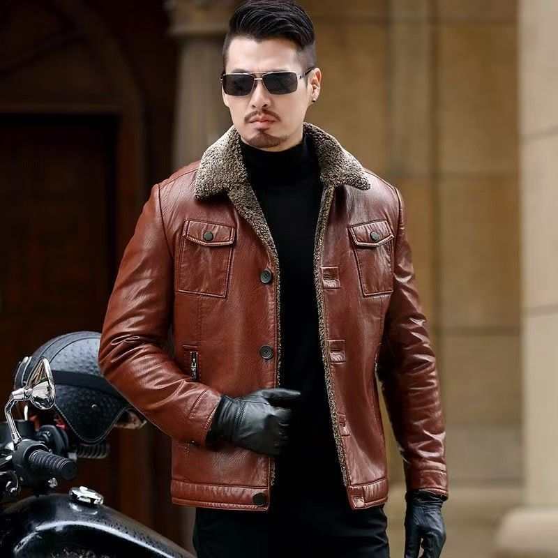 Ropa de cuero para hombres jóvenes y de mediana edad, nuevos hombres delgados, invierno más terciopelo, chaqueta de cuero cálida, chaqueta de hombre, traje de papá