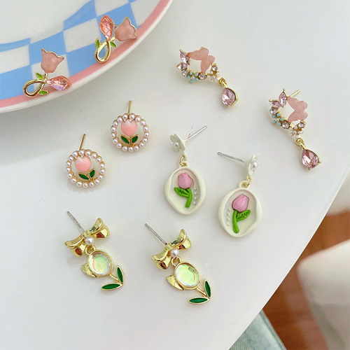Spring earrings, silver needles, flower season, sweet tulips, fresh women's earrings, exquisite design, forest style earrings wholesale