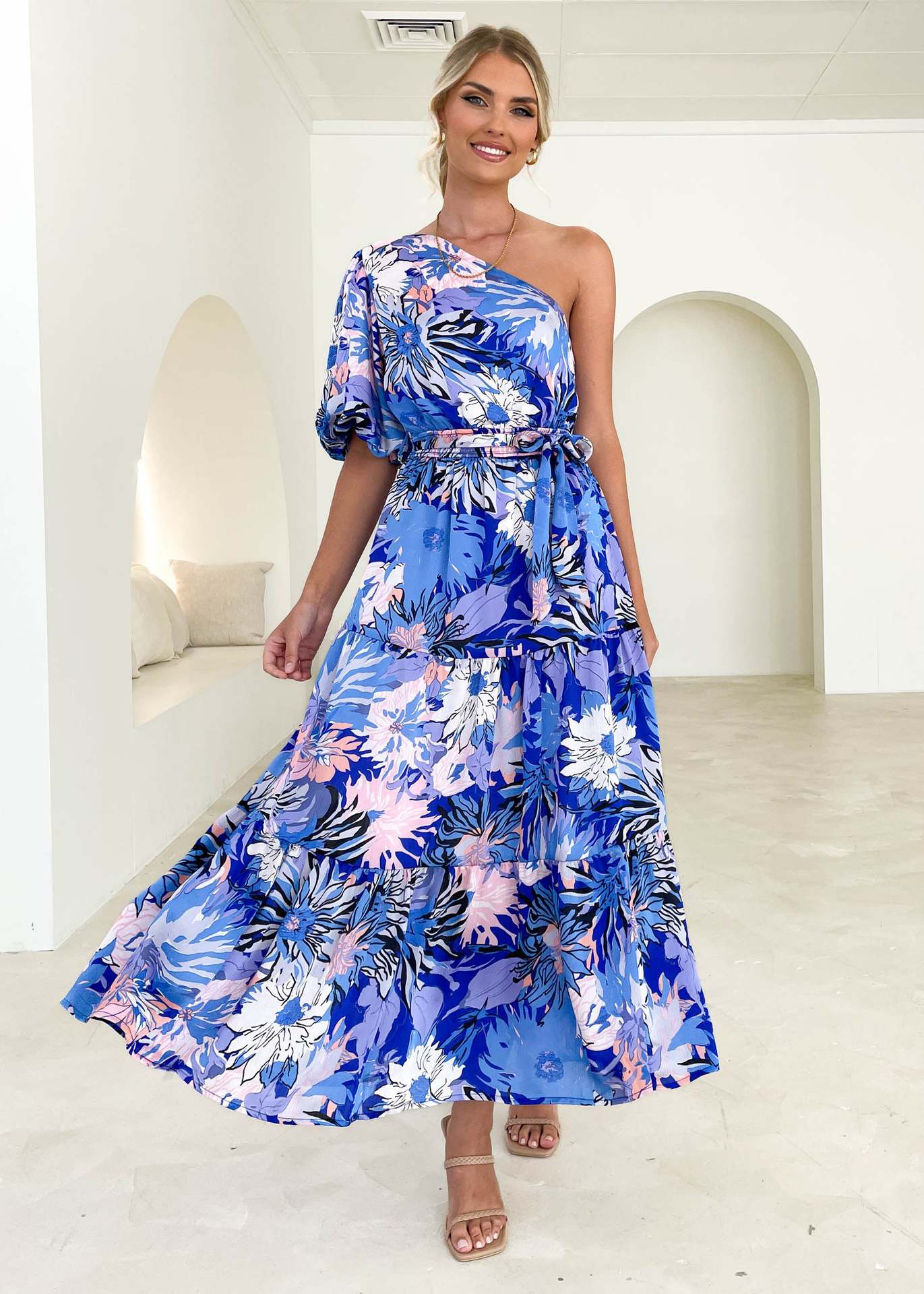 Frau Swing-kleid Ferien Schräger Kragen Drucken Kurzarm Blume Maxi Langes Kleid Ferien display picture 4