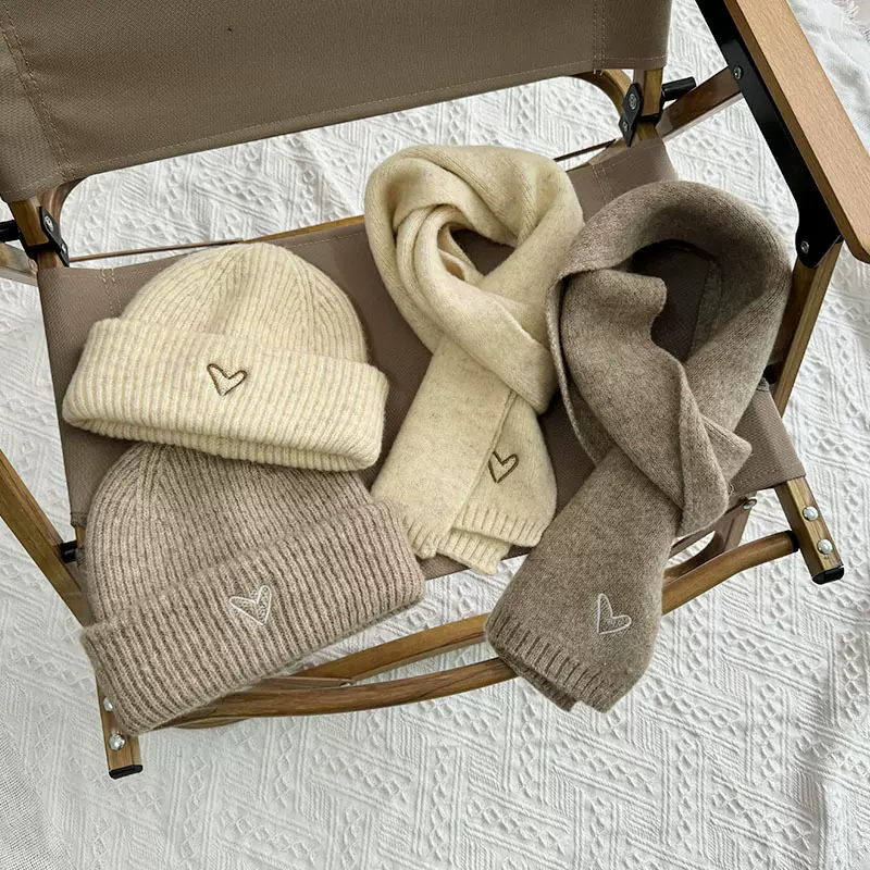 韩版爱心刺绣儿童帽子围巾2件套 男女童秋冬纯色百搭套装宝宝保暖