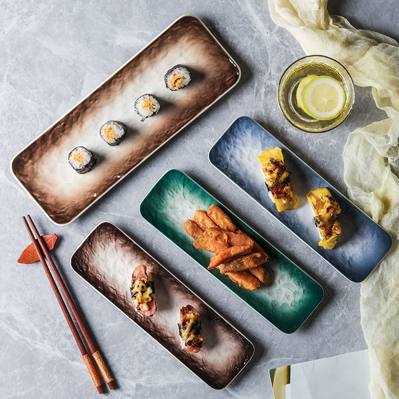 Japanese long-style ceramic sushi plate, rectangular sashimi dipping dish, stone-gradient glaze, multiple sizes