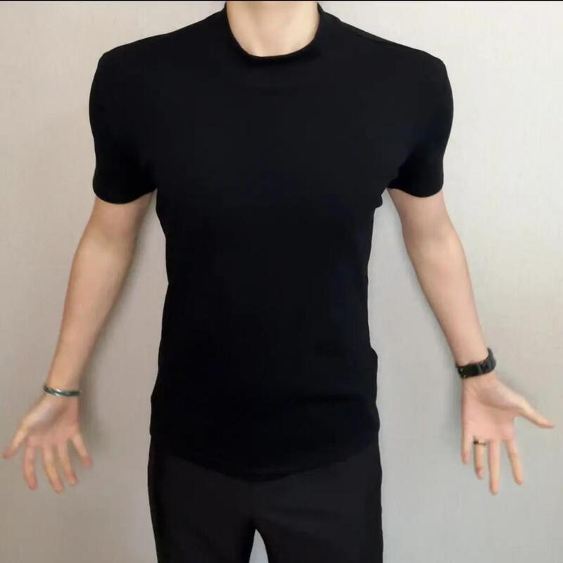 Heavyweight 320g Men's Semi-High Round Neck, Regular Shoulder Fit, Fashionable Close-Fitting Short-Sleeve Solid Color Luxury Base Shirt