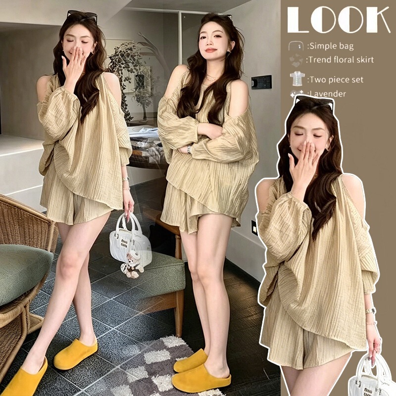 Pregnant Women's Ginger Yellow Off-The-Shoulder Top and Shorts 2-Piece Set, Summer Korean-Style Relaxed and Flesh-Covering Outfit