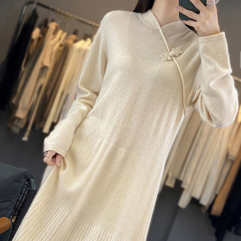 100% Pure Wool 2026 Autumn and Winter New Style Women's Loose-Fitting New Chinese-Style Over-The-Knee Extended Cheongsam Knitted Long Dress 100% Pure Wool 2026 Autumn and Winter New Style Women's Loose-Fitting New Chinese-Style Over-The-Knee Extended Cheongsam Knitted Long Dress