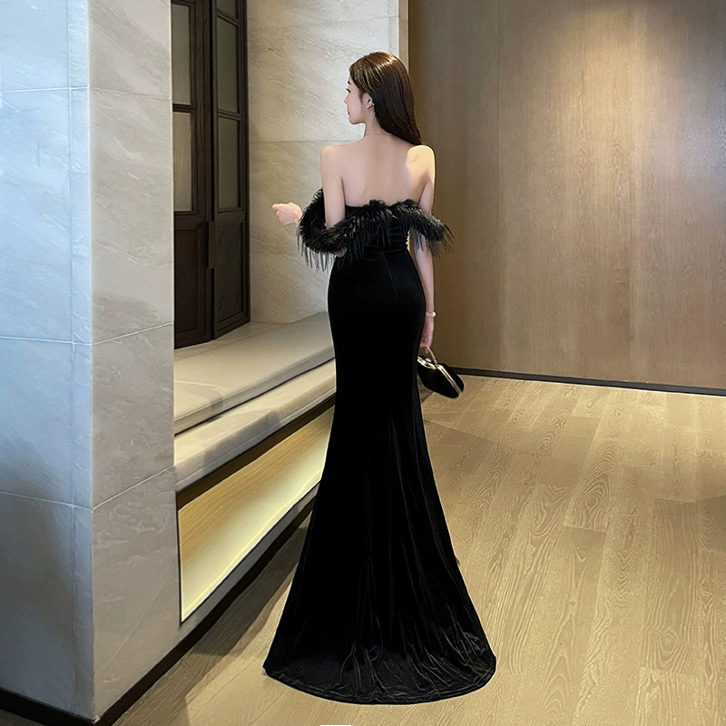 Tube Top Evening Dress, Backless Mermaid Gown, Hip-Accented Long Skirt, Black, S–XL
