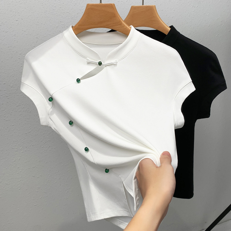 Nuevo estilo chino chaleco de manga corta para mujer, verano de 2025, nuevo estilo retro, diseño de hebilla de disco, camiseta con mangas image 3