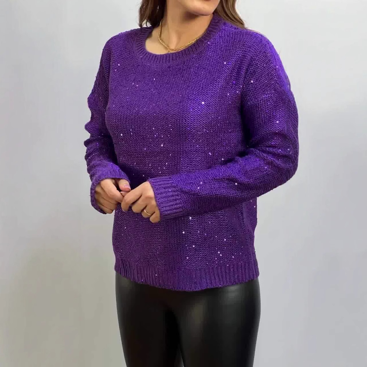2024 otoño nuevo estilo europeo y americano Amazon transfronterizo de mujer de color sólido cuello redondo perezoso diapositivos de manga larga jersey