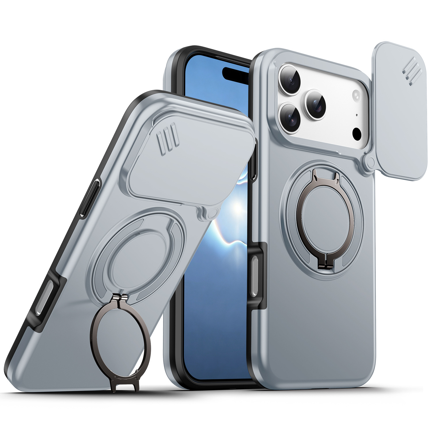 Funda Magnética para iPhone 17 Pro Max 16 15 de PC con Soporte Giratorio 360°, Tapa Deslizante para Lente y Anti-caída