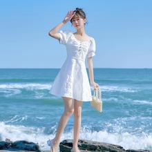 白裙子2022夏季新款仙女短袖甜美小众连衣裙白色高腰收腰显瘦短裙